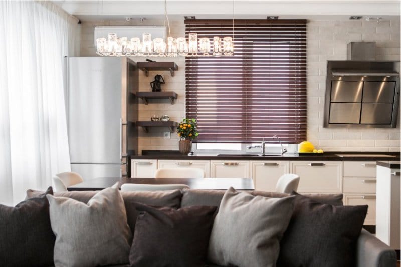 Brown curtains in the interior of the kitchen