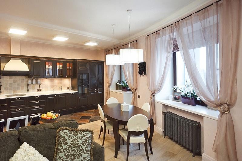 Brown curtains in the interior of the kitchen