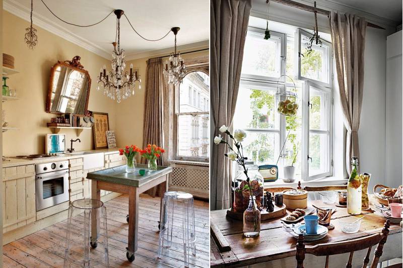 Brown curtains in the interior of the kitchen