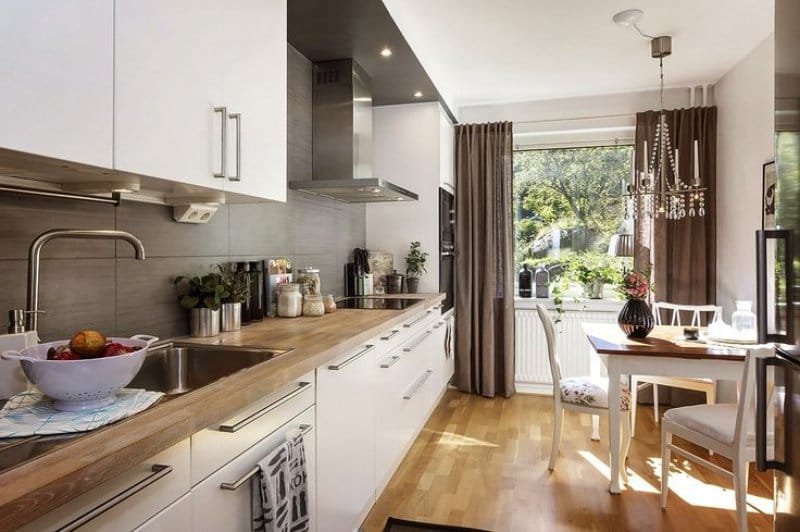 Brown curtains in the interior of the kitchen