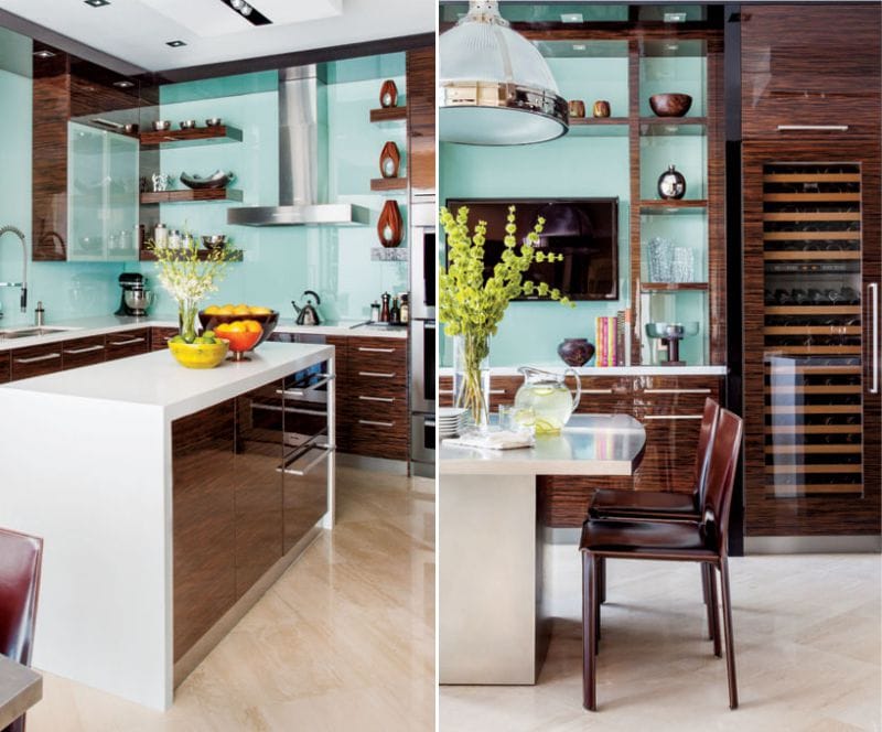 Brown and blue color in the interior of the kitchen