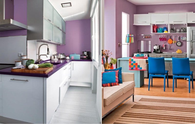 Dapur dengan dinding lilac dalam gaya moden