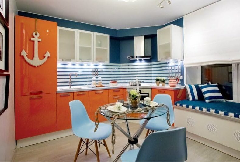 Orange-blue kitchen in nautical style