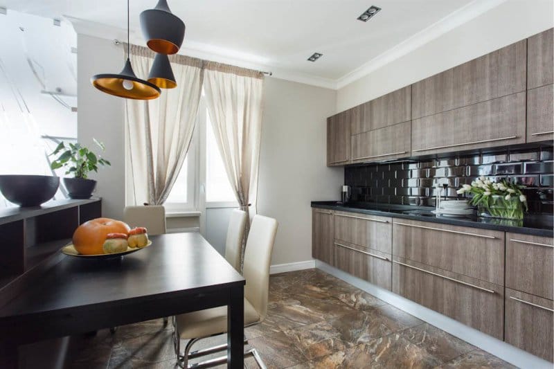 Brown stone floor in the kitchen interior