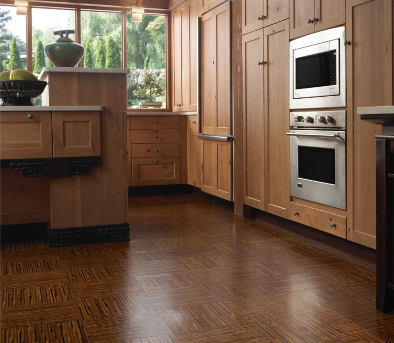 Cork floor in the interior of the kitchen in a classic style