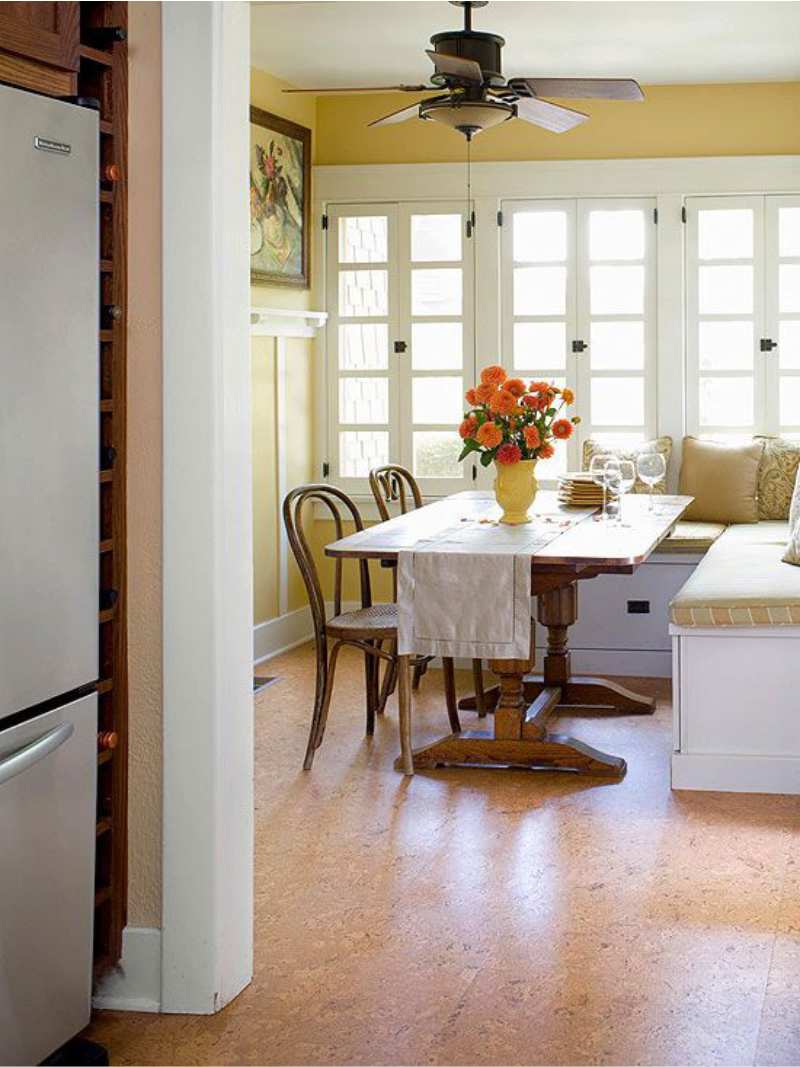 Cork floor in the interior of the kitchen in the style of country