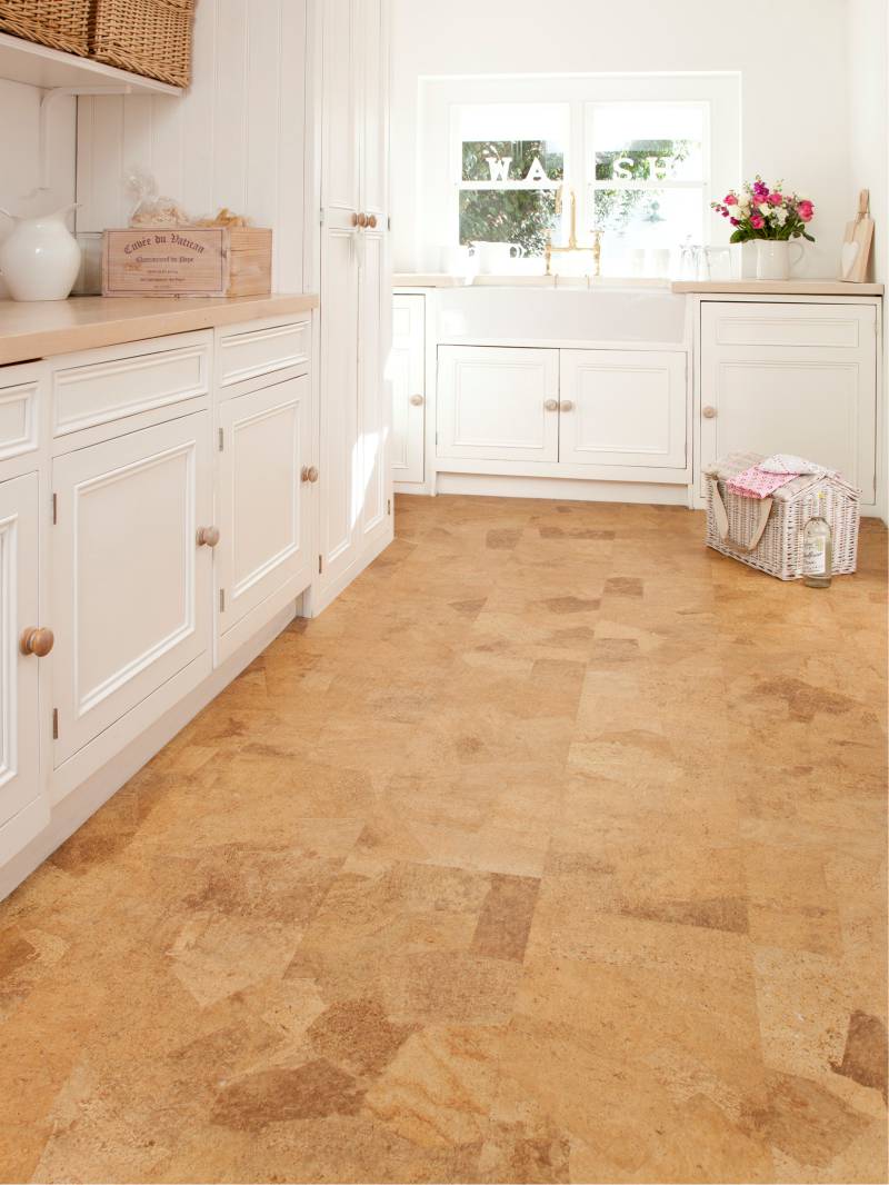 Cork floor in the interior of the kitchen in the style of country