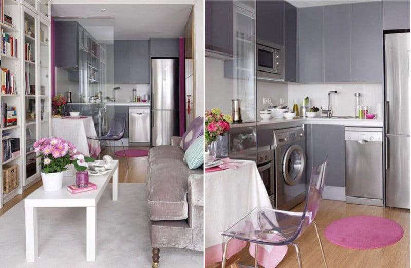 Gray-lilac suite in the interior of the kitchen-living room