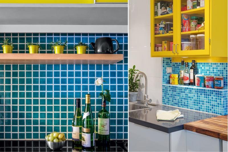 Yellow and blue color in the design of the working area of ​​the kitchen