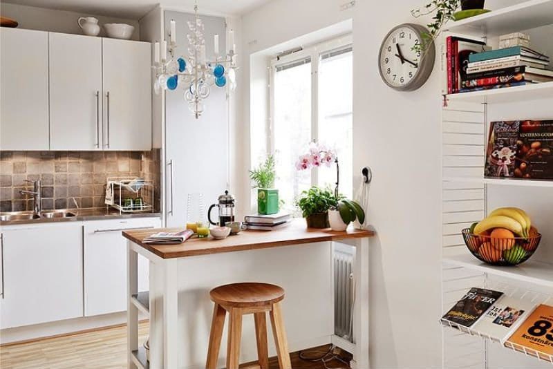 Clock in the interior of the kitchen in the Scandinavian style