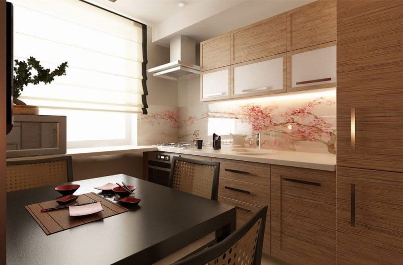 Roman curtains in the interior of the kitchen in the Japanese style