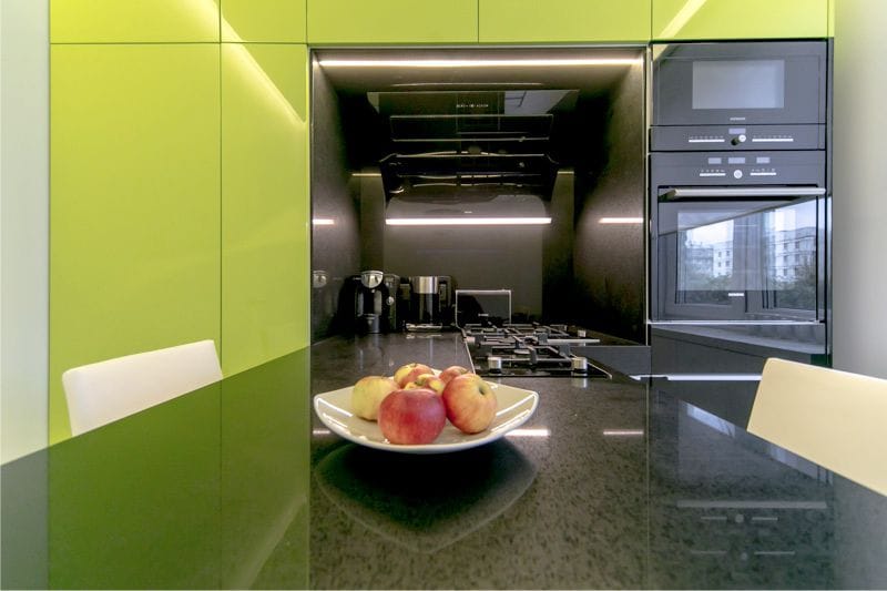 Household appliances mini-format in the interior of the kitchen 8 square meters. meters