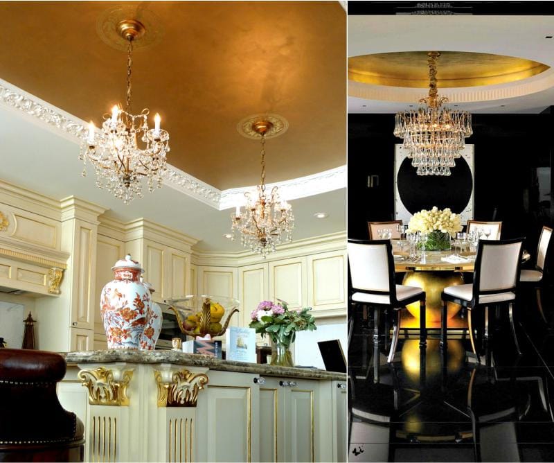 Gold-plated ceiling in the interior of the kitchen and dining room