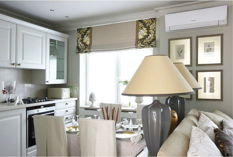 Lamps and decor in gold color in the interior of the kitchen