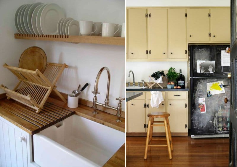 Séchoirs en bois pour la vaisselle à l'intérieur de la cuisine