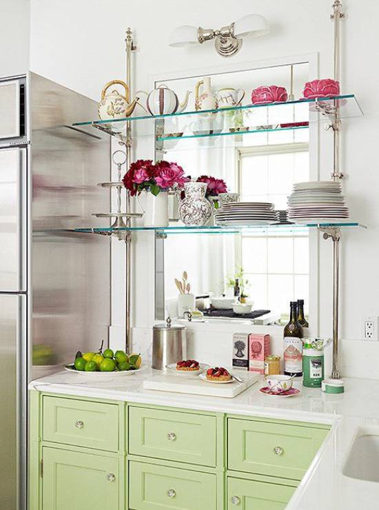 Kitchen with mirror opposite the window