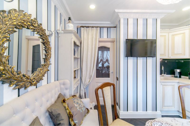 Kitchen with striped wallpaper