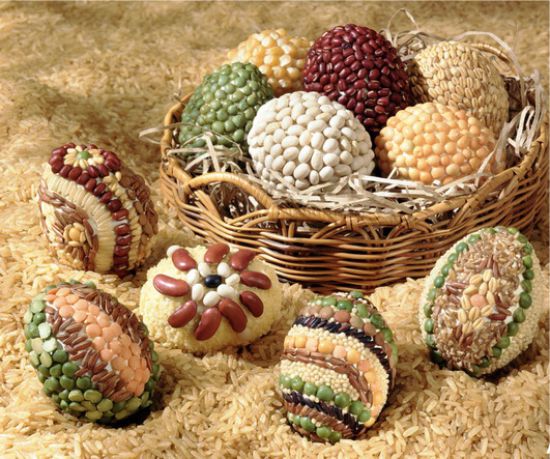 Easter eggs decor with cereals, grains and seeds