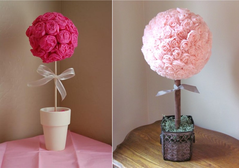 Ideas for topiary decoration with crepe paper flowers