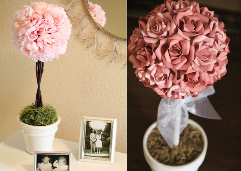 Decoration of topiary ball with artificial flowers