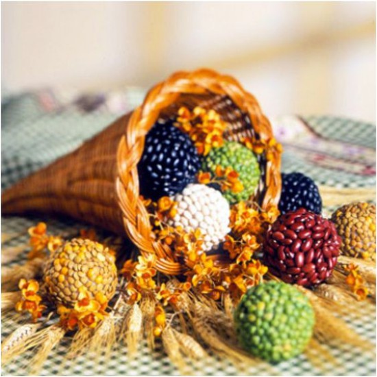 Composition of straw horn, balls of cereals and dried flowers