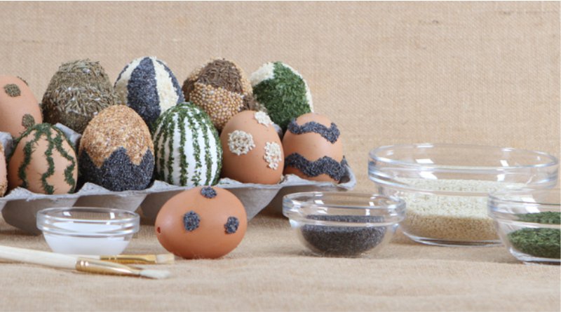 Easter eggs decorated with cereals and spices