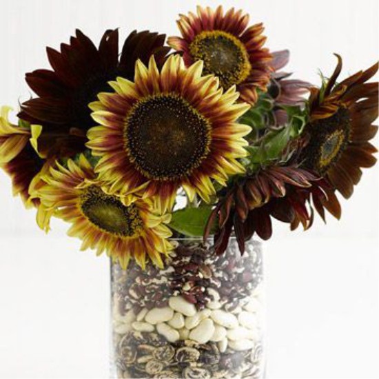 Vase with beans and flowers