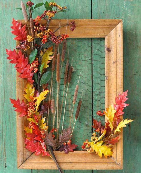 Autumn panel of dried leaves, reeds and berries