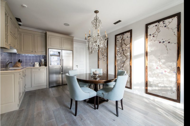 Kitchen-dining room of 20 square meters. m in brown tones