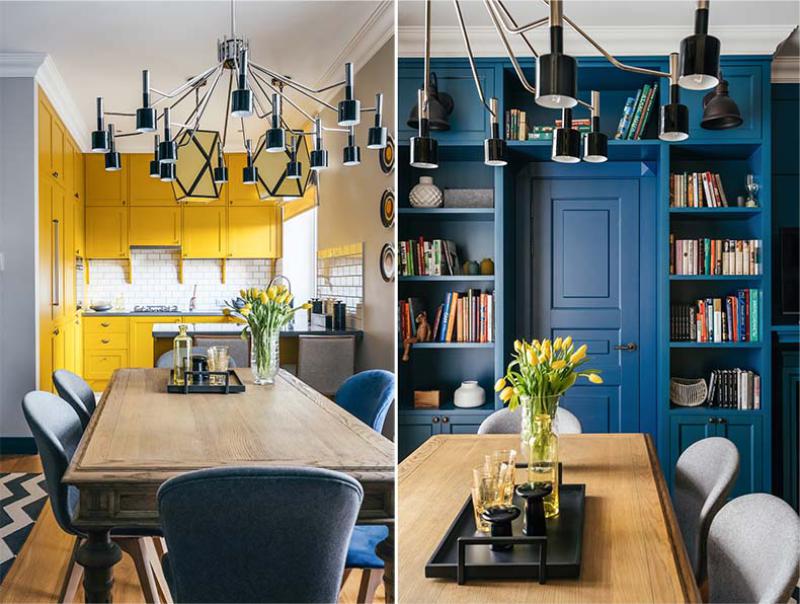 Kitchen-living room in yellow and blue tones