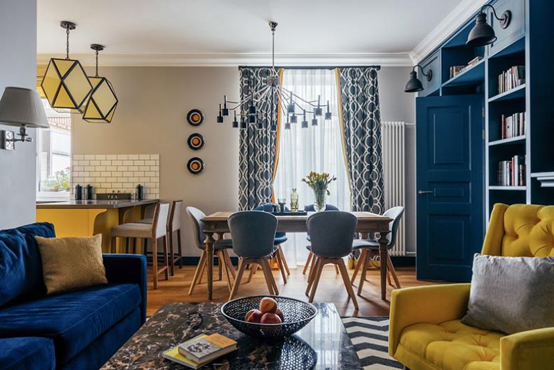 Kitchen-living room in yellow and blue tones