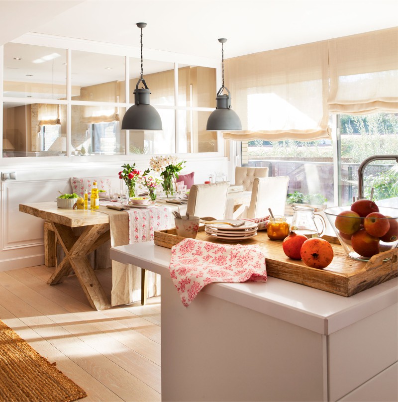 Massive dining table in the interior of the kitchen