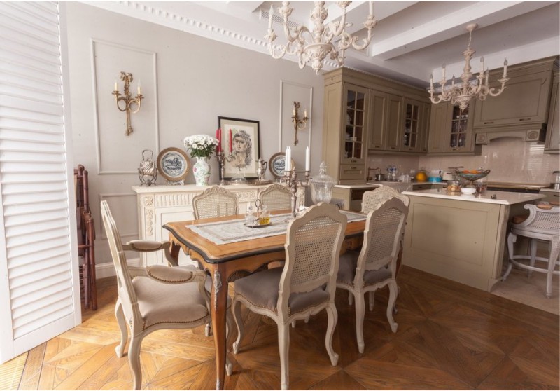 Different flooring in the kitchen-dining room