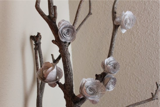 Ornament from a branch and paper roses