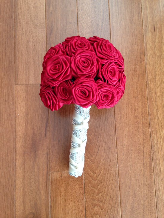 Wedding bouquet of roses from satin ribbons