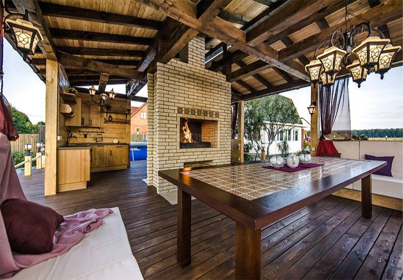 Kitchen with stove-fireplace with through-fire