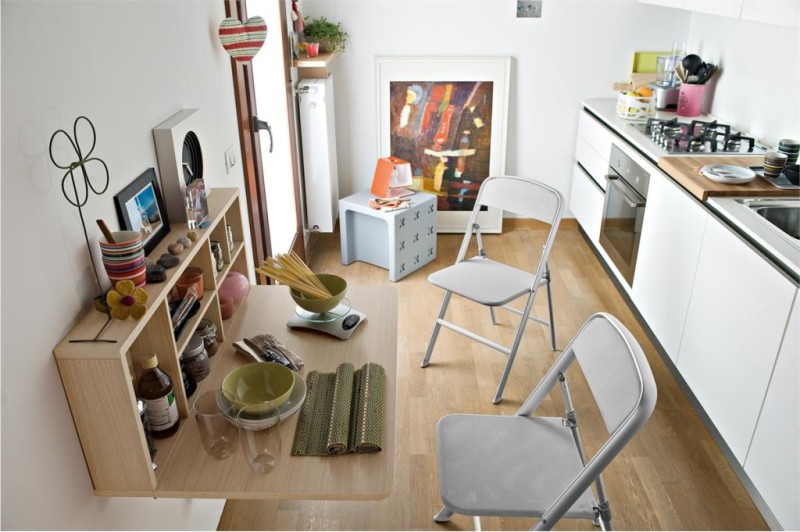 Folding table in the walk-through kitchen