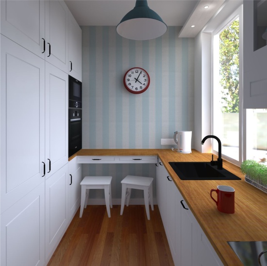 Design project of a small kitchen with striped wallpaper