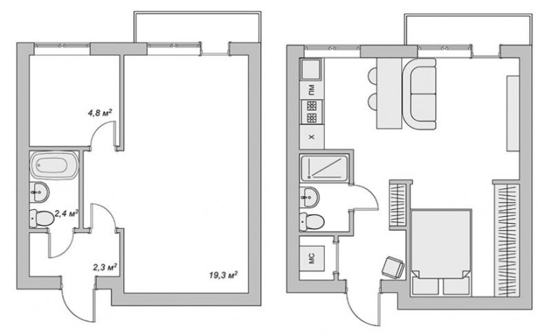 Plan de réaménagement d'une chambre Khrouchtchev