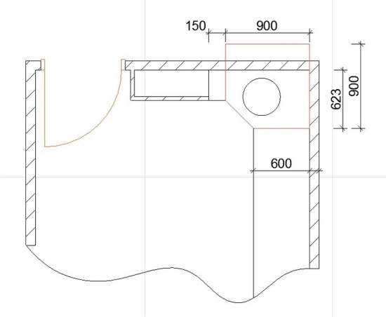 Corner kitchen plan with ventilation duct