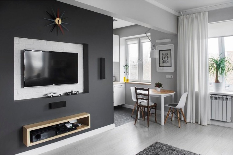 Gray kitchen 5.8 square meters. m in scandinavian style