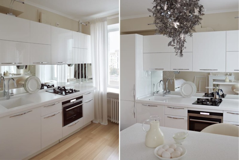 The mirror in the interior of a small kitchen-living room