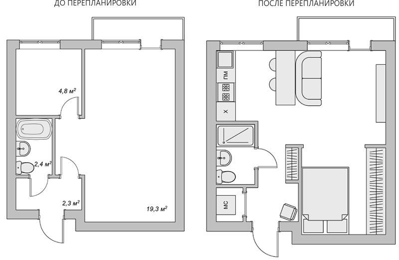 Apartment plan in Khrushchev before and after repair