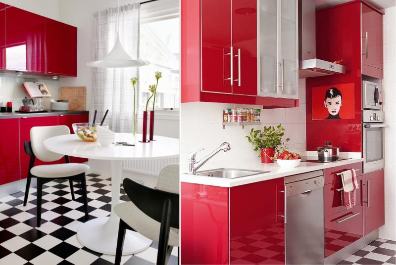 Red, black and white kitchen in retro style