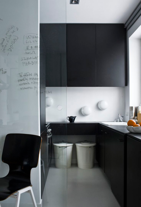 Small black and white kitchen in the style of minimalism