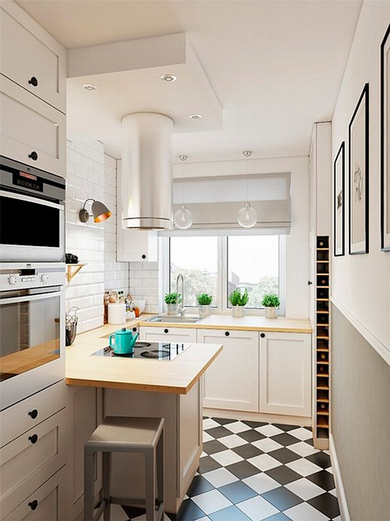 Modern kitchen with black and white floor