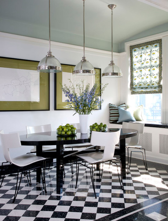 Green accents in black and white kitchen