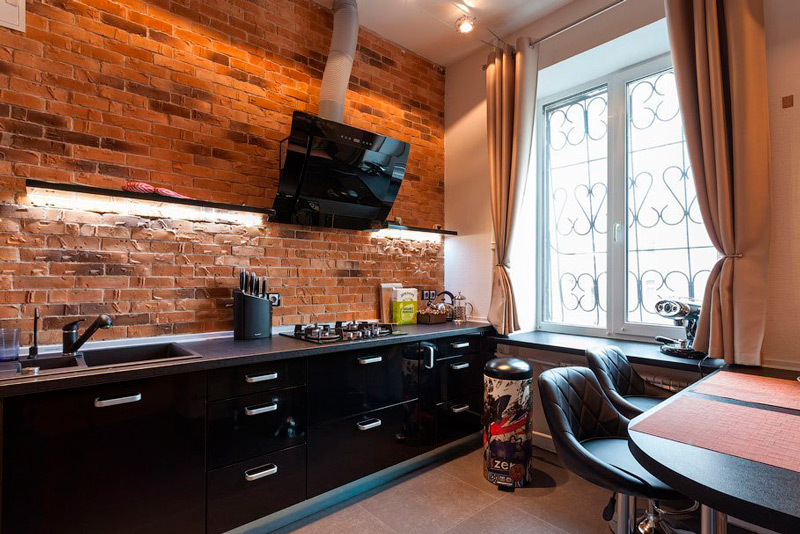 Curtains with grommets in the interior of a modern kitchen