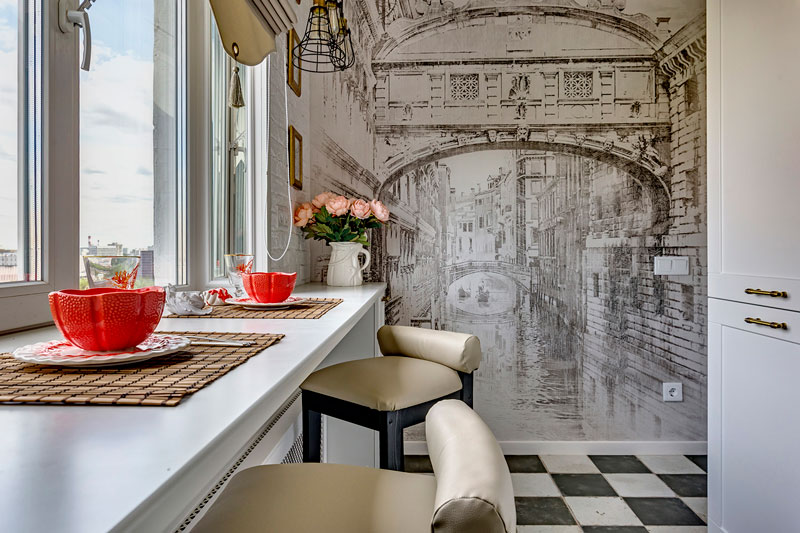 Photowall-paper in an interior of small classical kitchen