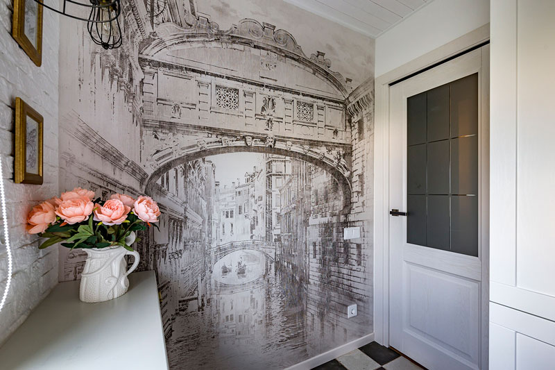 Photowall-paper in an interior of small classical kitchen